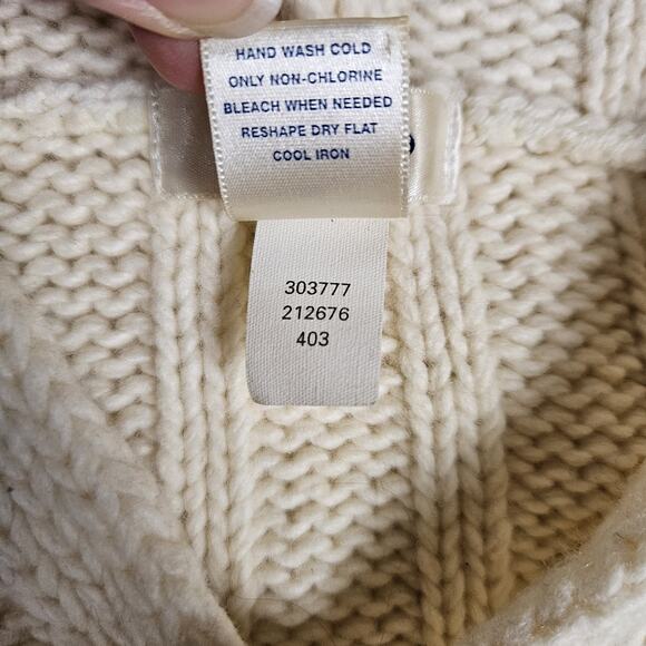 Vintage Y2K Cable Knit Sweater Womens Lambs Wool Hood Wood Toggle Button Cream M - Picture 13 of 15